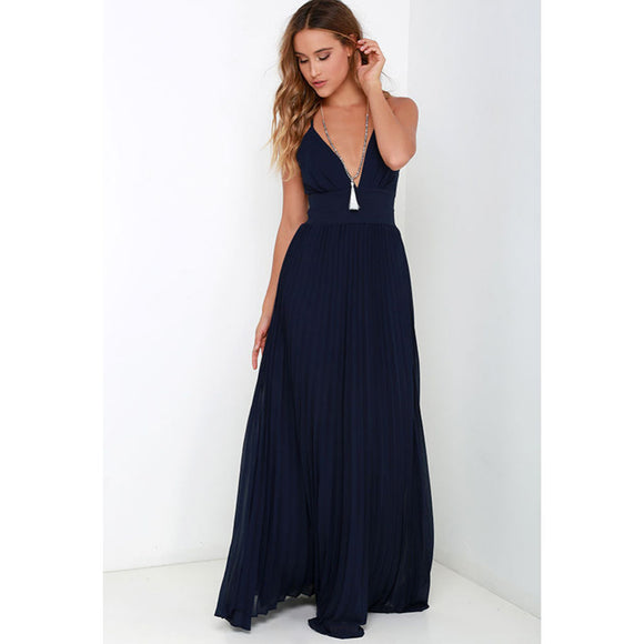 Maxi Sun Dresses Chiffon Solid O Neck Pleated Floor Length Long Backless Womens Sexy Party Night Club Dress Vestidos De Fiesta
