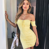 Articat Sexy Strapless Bodycon Mini Summer Dress Women Short Sleeve Off Shoulder Pleated Bandage Dress Casual Sheath Dress Short