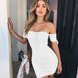 Articat Sexy Strapless Bodycon Mini Summer Dress Women Short Sleeve Off Shoulder Pleated Bandage Dress Casual Sheath Dress Short