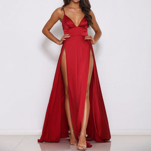2018 Sexy Deep V Neck Backless Maxi Dress 2 High Splits Dress Red Satin Floor Length Open Back Night Club Evening Party Dress