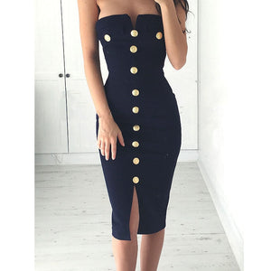 Sexy Strapless Off Shoulder Pencil Dress Women Elegant Ladies Bodycon Party Night Club Buttons Knee-Length Short Dress