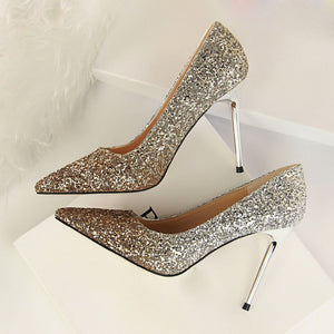 2018 Women 9cm Thin High Heels Sexy Glitter Bright Scarpins Pumps Female Stiletto Wedding Bridal Gold Silver Red Valentine Shoes