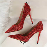2018 Women 9cm Thin High Heels Sexy Glitter Bright Scarpins Pumps Female Stiletto Wedding Bridal Gold Silver Red Valentine Shoes
