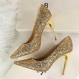 2018 Women 9cm Thin High Heels Sexy Glitter Bright Scarpins Pumps Female Stiletto Wedding Bridal Gold Silver Red Valentine Shoes