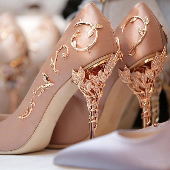 Boussac Elegant Silk Women Pumps High Heels Rhinestone Flower Wedding Shoes Brand Design Pointed Toe High Heels Shoes SWB0074