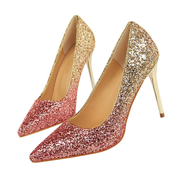 2018 Women 9cm Thin High Heels Sexy Glitter Bright Scarpins Pumps Female Stiletto Wedding Bridal Gold Silver Red Valentine Shoes