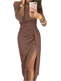 2019 Summer Women Dress Slash Neck Package Hip Split Sexy Sequin Dresses Ladies Bandage Party Night Club Mid-Calf Dress