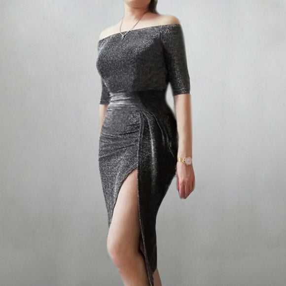 2019 Summer Women Dress Slash Neck Package Hip Split Sexy Sequin Dresses Ladies Bandage Party Night Club Mid-Calf Dress